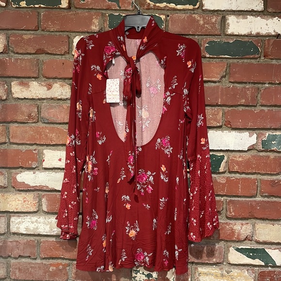 FREE PEOPLE BOHO FLOWY TUNIC FLORAL BOHEMIAN PRINT OPEN TIE BACK MINI DRESS NWT - Picture 10 of 12